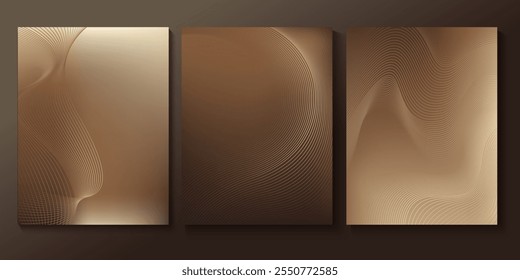 Set of chic elegant cards in brown, beige, yellow shades. Golden, copper lines, waves. Geometric pattern. Cover, packaging, business template. Frame for branding, logo, invitation. Gradient mesh.