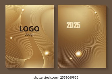 Conjunto de elegantes tarjetas en tonos marrones, beige, amarillos. Dorado, líneas de cobre, olas. Patrón geométrico. Cubierta, embalaje, Plantilla del negocio. Marco para la marca, logotipo, invitación. Malla degradada.

