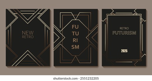 Set of chic elegant cards in brown, beige, yellow shades. Golden, copper lines. Geometric pattern. Cover, packaging, business template. Frame for branding, logo, invitation. Futuristic design.