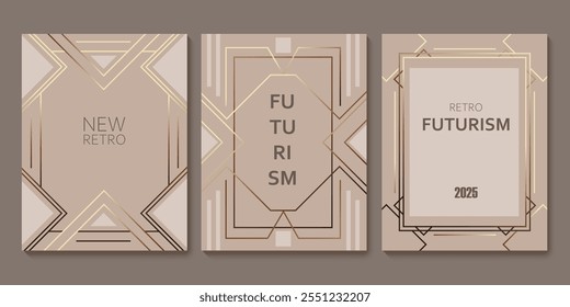 Set of chic elegant cards in brown, beige, yellow shades. Golden, copper lines. Geometric pattern. Cover, packaging, business template. Frame for branding, logo, invitation. Futuristic design.