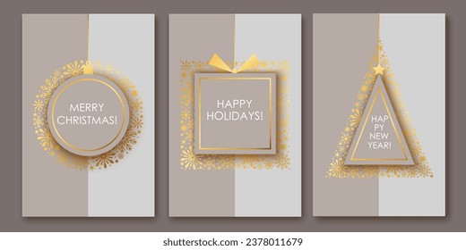 Set of chic elegant cards, flyers, posters for New Year,  Christmas greetings. Modern minimal paper art flat style. Holiday gift, Christmas tree, ball design. Festive shiny  prints.