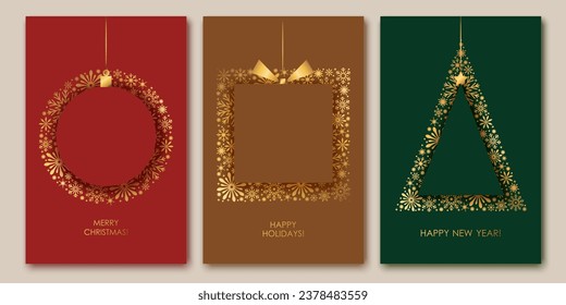 Set of chic elegant cards, flyers, posters for New Year,  Christmas greetings. Modern minimal flat style with golden shiny snowflakes. Holiday gift, Christmas tree, ball design. Festive prints.