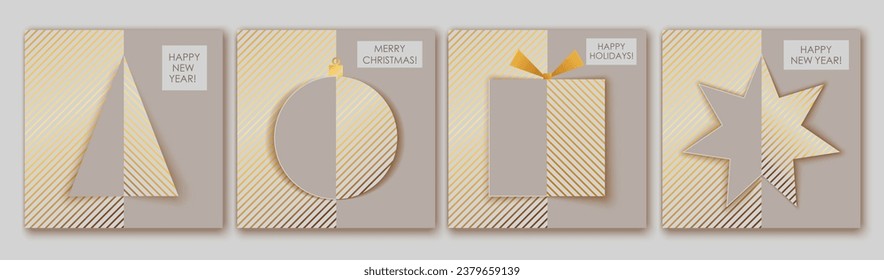 Set of chic elegant cards, flyers, posters for New Year,  Christmas greetings. Modern minimal paper art flat style. Holiday gift, Christmas tree, bauble design. Festive prints.