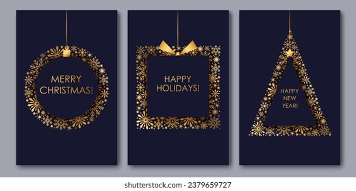 Set of chic elegant cards, flyers, posters for New Year,  Christmas greetings. Modern minimal flat style with golden shiny snowflakes. Holiday gift, Christmas tree, ball design. Festive prints.