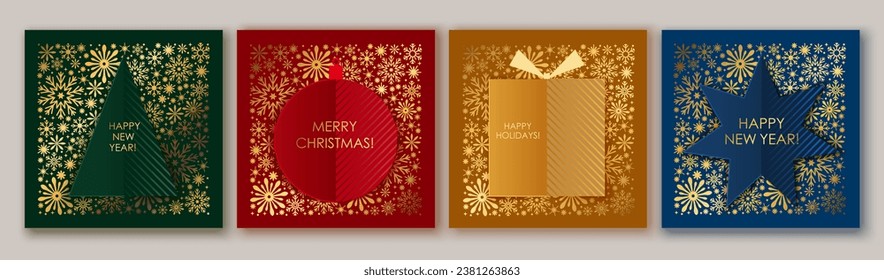 Set of chic elegant cards, flyers, posters for New Year,  Christmas greetings. Modern minimal flat style with golden shiny snowflakes. Holiday gift, Christmas tree, ball design. Festive prints.