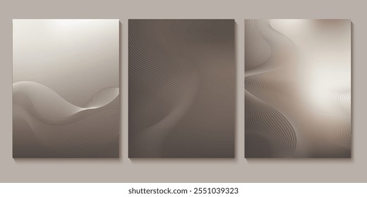 Conjunto de elegantes tarjetas en tonos grises, beige. Líneas metálicas plateadas, ondas. Patrón geométrico. Cubierta, embalaje, Plantilla del negocio. Marco para la marca, logotipo, invitación. Malla degradada.