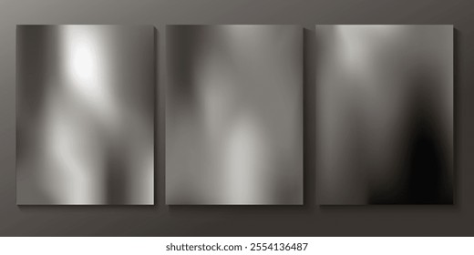 Set of chic elegant cards in grey, black, white shades. Cover, packaging, business template. Frame for branding, logo, invitation. Silver gradient mesh. Metall texture.