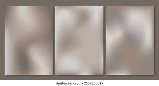 Set of chic elegant cards in grey, beige, white shades. Metallic surface, waves. Cover, packaging, business template. Frame for branding, logo, invitation. Gradient mesh. Blurred background.