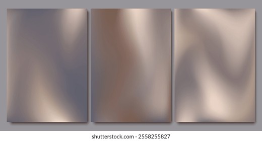 Set of chic elegant cards in grey, beige, white shades. Metallic surface, waves. Cover, packaging, business template. Frame for branding, logo, invitation. Gradient mesh. Blurred background.