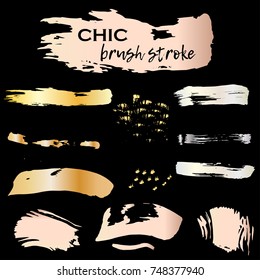 Set of chic grunge golden ink brush strokes. Vector illustration for glamour flyer, poster, banner.
