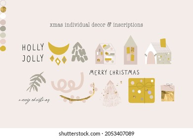 Set of chic  Merry Christmas decorative xmas cute icon elements. Winter holidays seasons greetings. Christmas trees,  pine branches, ball toys, houses 
 and inscriptions etc. 