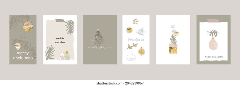 Set of chic  Merry Christmas greeting cards or postcards with decorative xmas cute little elements.  Winter holidays seasons greetings. Christmas trees,  pine branches, ball toys, etc. 