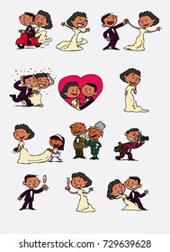 Set of chic and romantic black characters bride and groom. Newlyweds dancing, in romantic attitude, hugging... Elements for wedding invitations. Vector illustration in cartoon style.