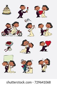 Set of chic and romantic black characters bride and groom. Newlyweds dancing, in romantic attitude, hugging... Elements for wedding invitations. Vector illustration in cartoon style.