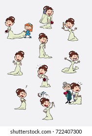 Set of chic and romantic character bride. the character is happy, angry, in romantic attitude, toasting... Elements for wedding invitations. Vector illustration in cartoon style.