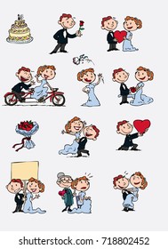 Set of chic and romantic characters bride and groom. Newlyweds dancing, in romantic attitude, hugging... Elements for wedding invitations. Vector illustration in cartoon style.