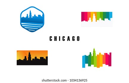 Set of Chicago City Silhouette template, set of American City Silhouette logo vector illustration