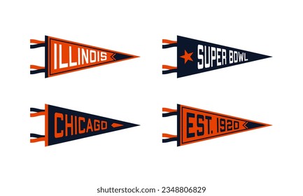 Set of Chicago football team pennants. Vintage hand drawn wanderlust style. Isolated on white background. Good for t shirt, mug, other identity. Vector illustration.