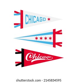 Set of Chicago pennants. Retro colors labels. Vintage hand drawn wanderlust style. Isolated on white background. Good for t shirt, mug, other identity. 