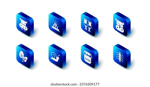 Set Chichen Itza in Mayan, Binoculars, Rhinoceros, Centipede insect, Hiking backpack, Snail, Tropical leaves and Hippo or Hippopotamus icon. Vector