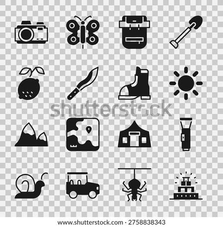 Set Chichen Itza in Mayan, Flashlight, Sun, Hiking backpack, Machete, Lemon, Photo camera and Hunter boots icon. Vector
