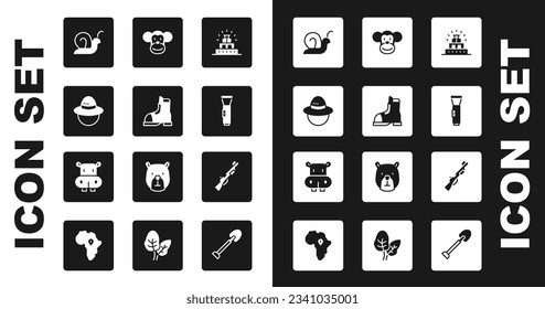 Setzen Sie Chichen Itza in Mayan, Jägerstiefel, Camping-Hut, Schnecke, Flashlight, Affe, Jagdgewehr und Hippo oder Hippopotamus Icon. Vektorgrafik
