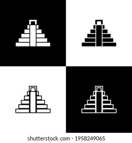 Set Chichen Itza in Mayan icon isolated on black and white background. Ancient Mayan pyramid. Famous monument of Mexico. Vector