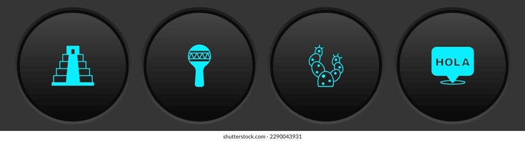 Set Chichen Itza in Mayan, Maracas, Cactus and Hola icon. Vector