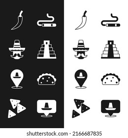 Set Chichen Itza in Mayan, Mexican man sombrero, Hot chili pepper pod, Cigar, Taco with tortilla,  and Nachos icon. Vector