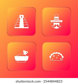 Set de Chichén Itzá en Mayan, sombrero mexicano, tazón de Nachos y Taco con icono de tortilla. Vector