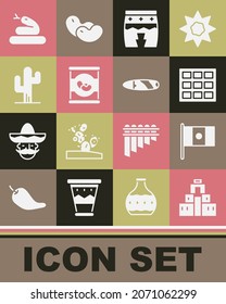 Set Chichen Itza in Mayan, Mexico flag, Chocolate bar, Huehuetl, Beans can, Cactus, Snake and Cigar icon. Vector