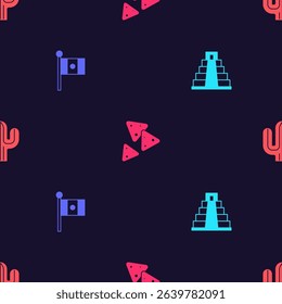 Set Chichen Itza in Mayan, Mexico flag, Nachos and Cactus on seamless pattern. Vector