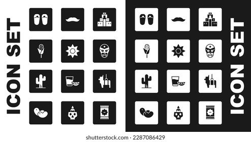 Set Chichen Itza in Mayan, Sun, Corn, Flip flops, Mexican wrestler, Mustache, Pinata and Cactus icon. Vector