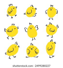 Set of chick character hand drawn. Vector illustration in doodle style. Happy Easter animal element with yellow chicks. Kids vector illustration.