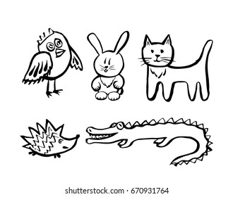A set of chick, crocodile, rabbit, rabbit, cat, hedgehog painted with a brush and hand. Vector illustration. Animals isolated on white background. Characters for a fairy tale, cartoon, design
