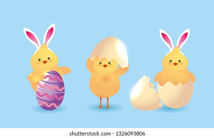 set chick wearing diadem rabbit ears and egg decoration