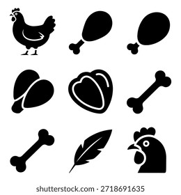 Set of chicken and bone icons isolated on transparent background