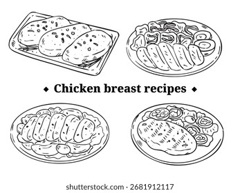 Conjunto de frango peito menu linha arte ilustração