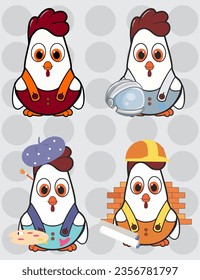set of chicken cartoon characters in various costumes like astronaut , artist and engineer