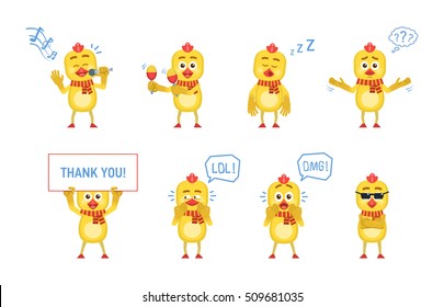 Set of chicken characters posing in different situations. Cheerful chicken karaoke singing, dancing, sleeping, thinking, surprised, laughing, holding banner. Flat style vector illustration