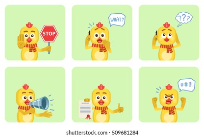 Set of chicken characters posing in different situations. Cheerful chicken talking on phone, thinking, surprised, angry, holding stop sign, loudspeaker, document. Flat style vector illustration