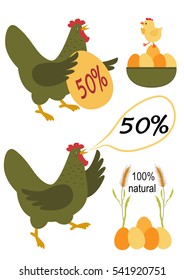 Set chicken. Discounts for chicken meat. Bird on an isolated background. Eggs and chicken meat. Domestic bird. Natural product. vector illustration.