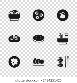 Set Chicken egg, Asian noodles in bowl, Dumpling with chopsticks, Homemade pie, Wonton, Chow mein plate,  and Sushi icon. Vector