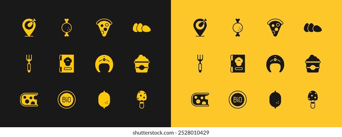 Set Chicken egg, Banner for bio, Fish steak, Lemon, Cookbook, Slice of pizza, leg and  icon. Vector