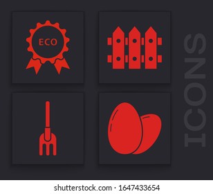 Set Chicken egg, Banner, label, tag, logo for eco, Garden fence wooden and Garden rake icon. Vector