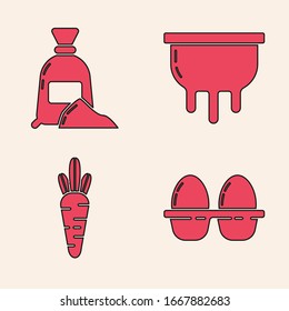 Set Chicken egg in box, Bag of flour, Udder and Carrot icon. Vector