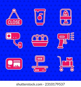 Set Chicken egg in box, Electronic scales, Hand truck and boxes, Scanner scanning bar code, Identification badge, Security camera, Fish plastic tray container and Hanging sign with Closed icon. Vector