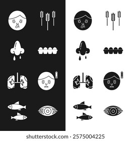 Set Chicken egg in box, Runny nose, Wheat, Lungs, Fatigue, Reddish eye allergic conjunctivitis and Fish icon. Vector