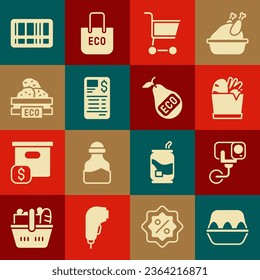 Set Chicken egg in box, Security camera, Shopping bag and food, cart, Paper or financial check, Wooden for fruits, Barcode and Healthy organic pear icon. Vector