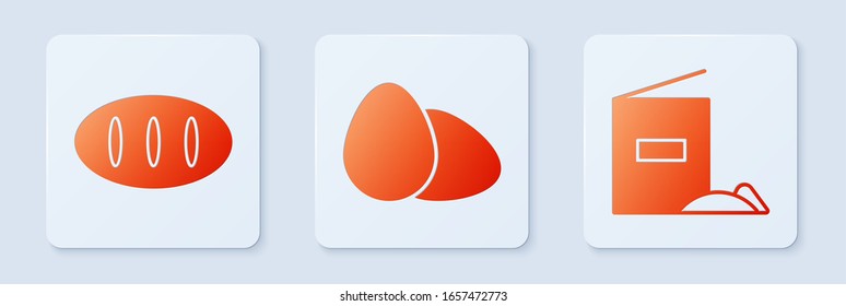 Set Chicken egg , Bread loaf  and Flour pack . White square button. Vector